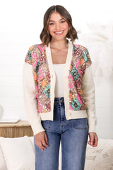 Jupiter Cardigan - Multi Sequin Button Up Cardigan in Beige