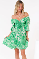 Justina Mini Dress - V-Neck Gathered Bodise On or Off Shoulder Mini Dress in Sondra Print Green