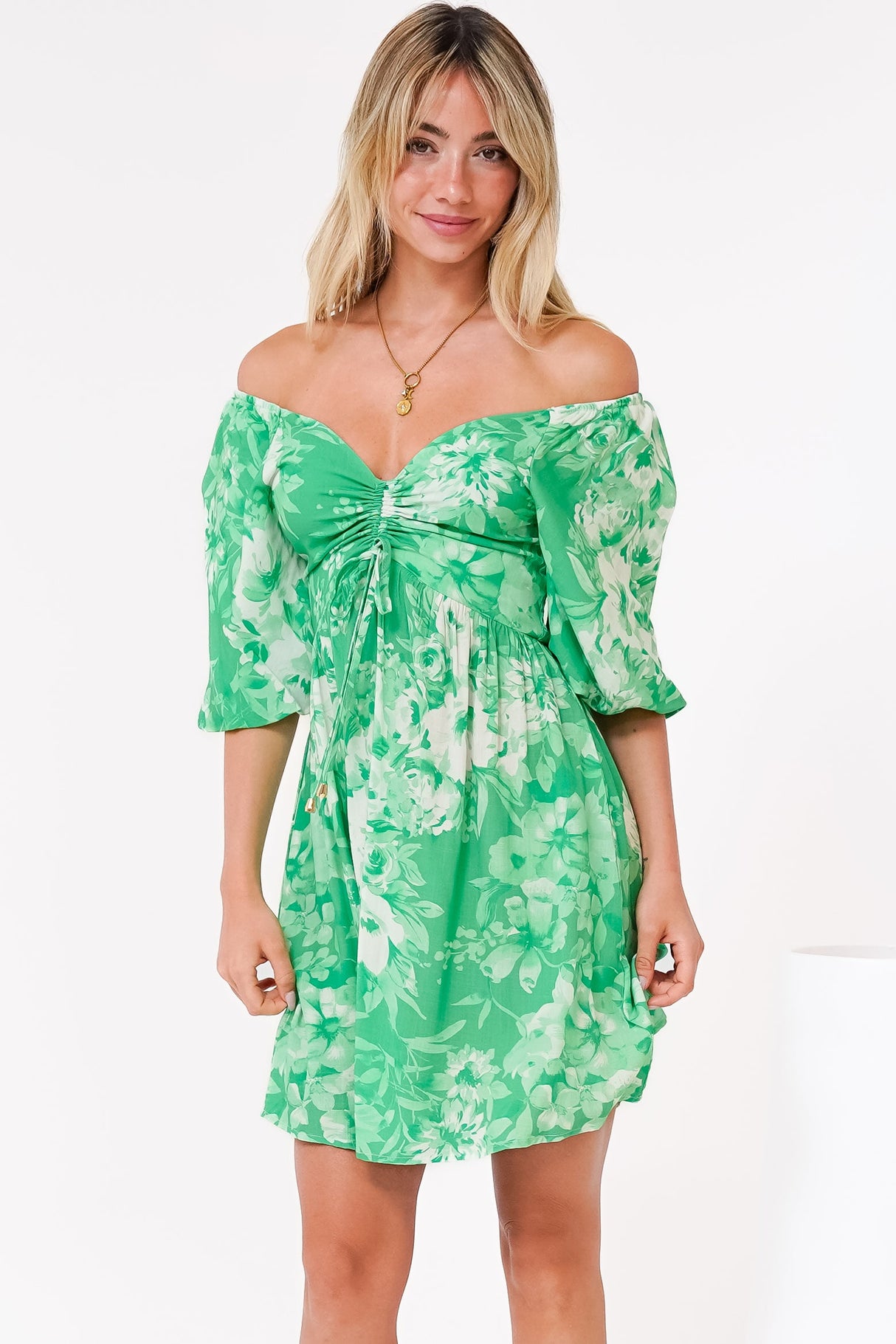 Justina Mini Dress - V-Neck Gathered Bodise On or Off Shoulder Mini Dress in Sondra Print Green