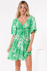 Justina Mini Dress - V-Neck Gathered Bodise On or Off Shoulder Mini Dress in Sondra Print Green