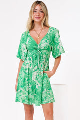 Justina Mini Dress - V-Neck Gathered Bodise On or Off Shoulder Mini Dress in Sondra Print Green