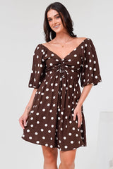 Justina Mini Dress - V-Neck Gathered Bodise On or Off Shoulder Mini Dress in Kitson Spot Print Chocolate