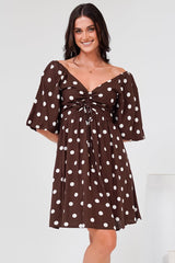 Justina Mini Dress - V-Neck Gathered Bodise On or Off Shoulder Mini Dress in Kitson Spot Print Chocolate