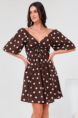 Justina Mini Dress - V-Neck Gathered Bodise On or Off Shoulder Mini Dress in Kitson Spot Print Chocolate