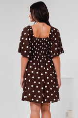 Justina Mini Dress - V-Neck Gathered Bodise On or Off Shoulder Mini Dress in Kitson Spot Print Chocolate