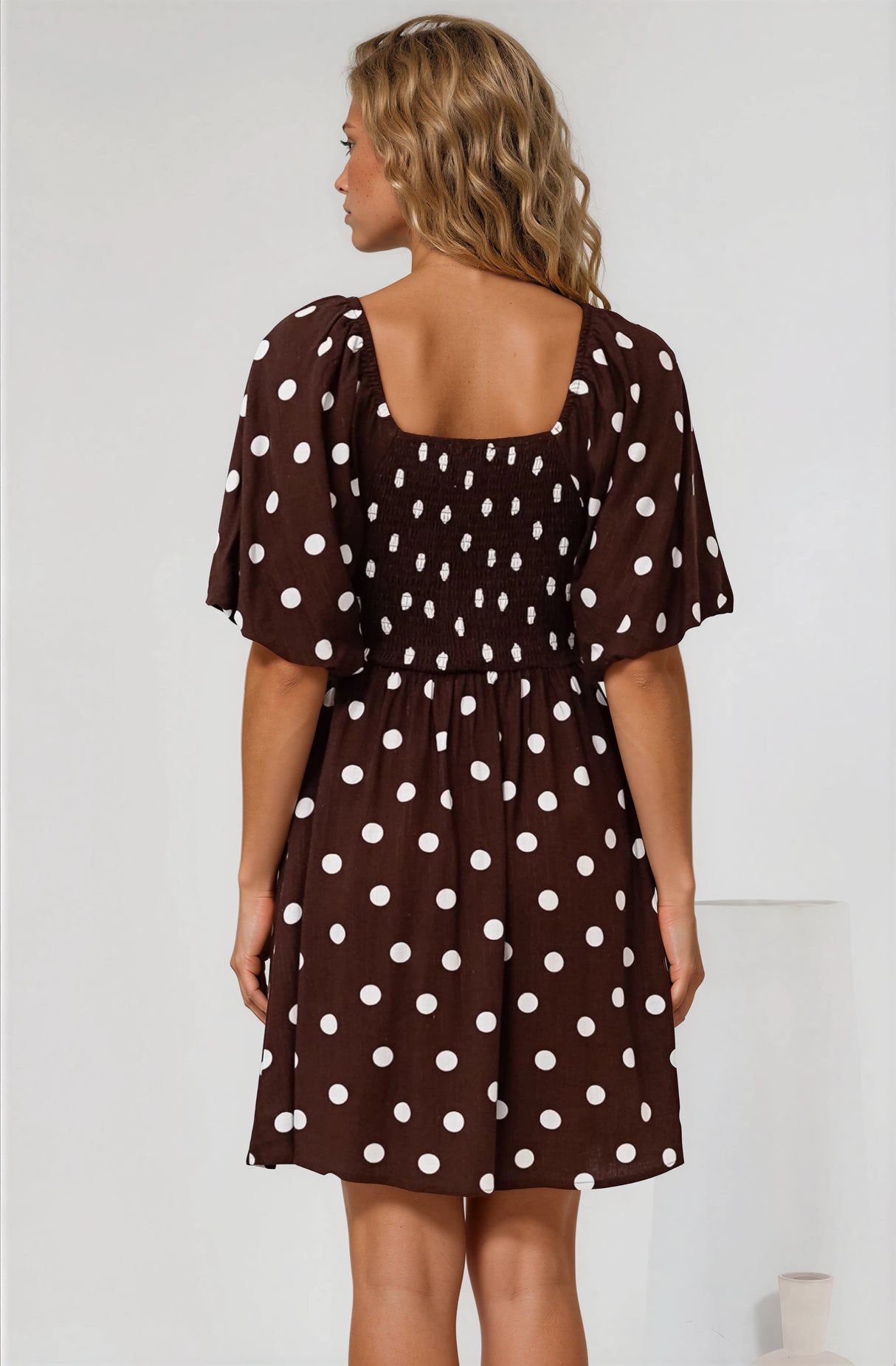 Justina Mini Dress - V-Neck Gathered Bodise On or Off Shoulder Mini Dress in Kitson Spot Print Chocolate