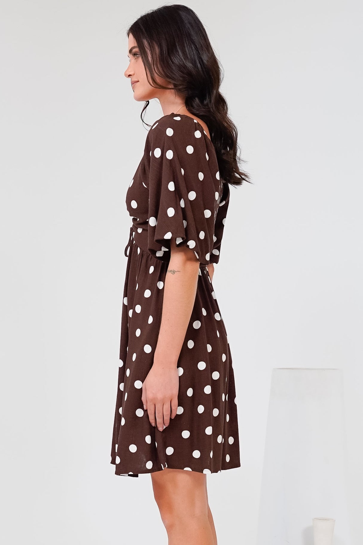 Justina Mini Dress - V-Neck Gathered Bodise On or Off Shoulder Mini Dress in Kitson Spot Print Chocolate