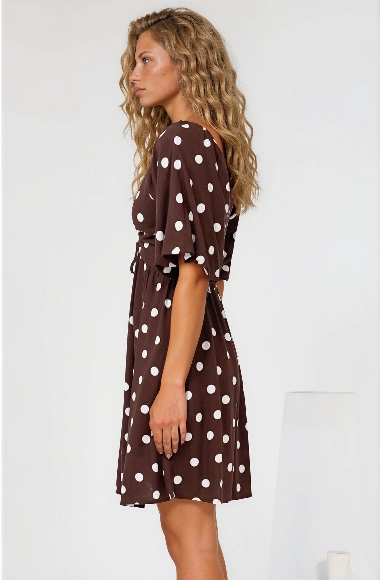 Justina Mini Dress - V-Neck Gathered Bodise On or Off Shoulder Mini Dress in Kitson Spot Print Chocolate