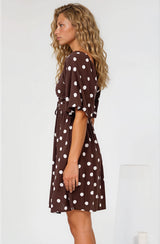 Justina Mini Dress - V-Neck Gathered Bodise On or Off Shoulder Mini Dress in Kitson Spot Print Chocolate