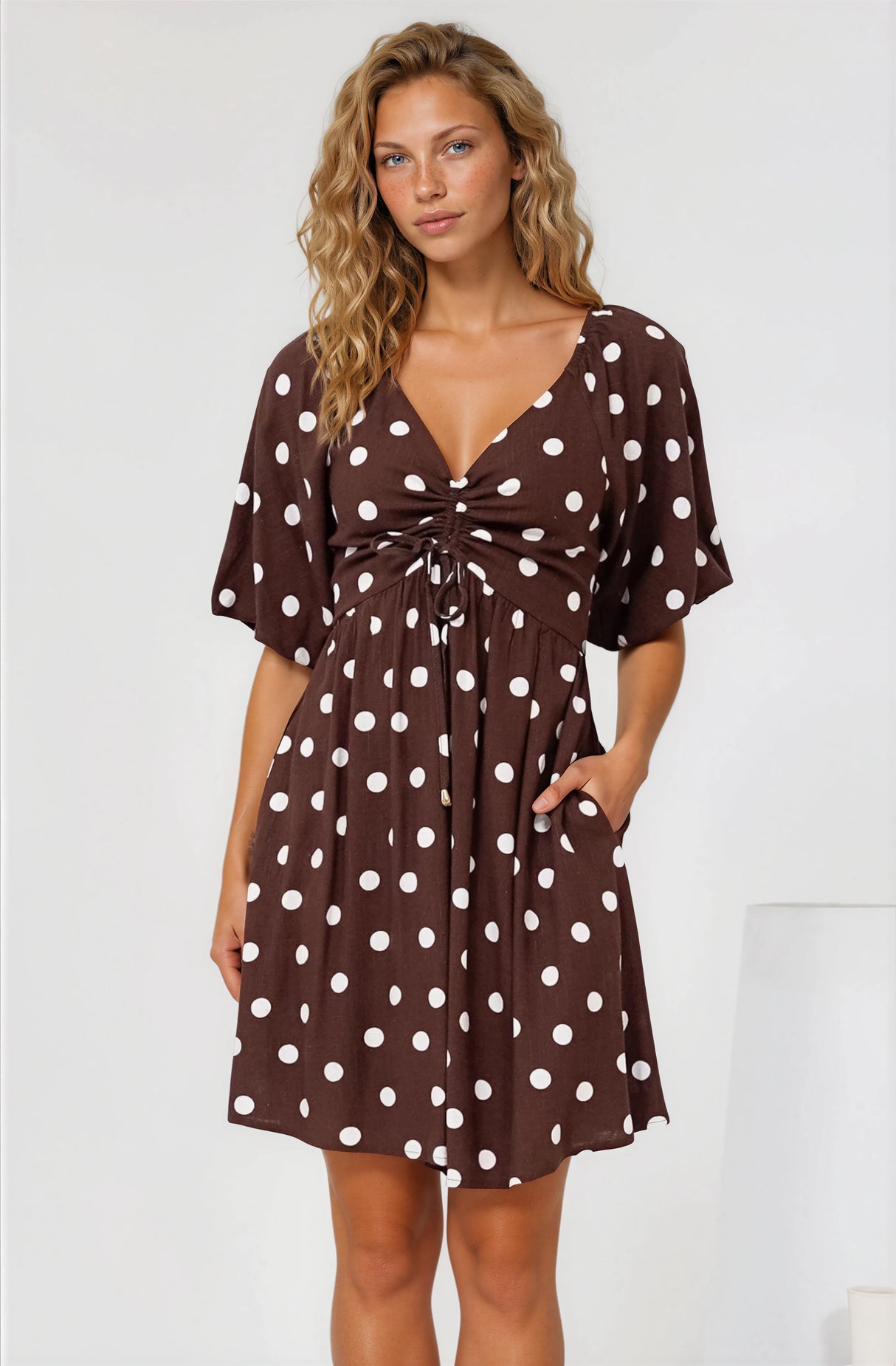 Justina Mini Dress - V-Neck Gathered Bodise On or Off Shoulder Mini Dress in Kitson Spot Print Chocolate