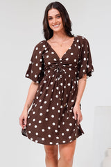 Justina Mini Dress - V-Neck Gathered Bodise On or Off Shoulder Mini Dress in Kitson Spot Print Chocolate