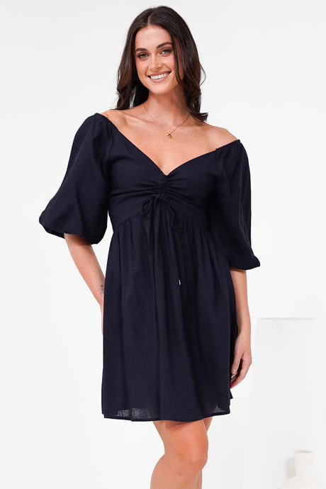 Justina Mini Dress - V-Neck Gathered Bodise On or Off Shoulder Mini Dress in Navy