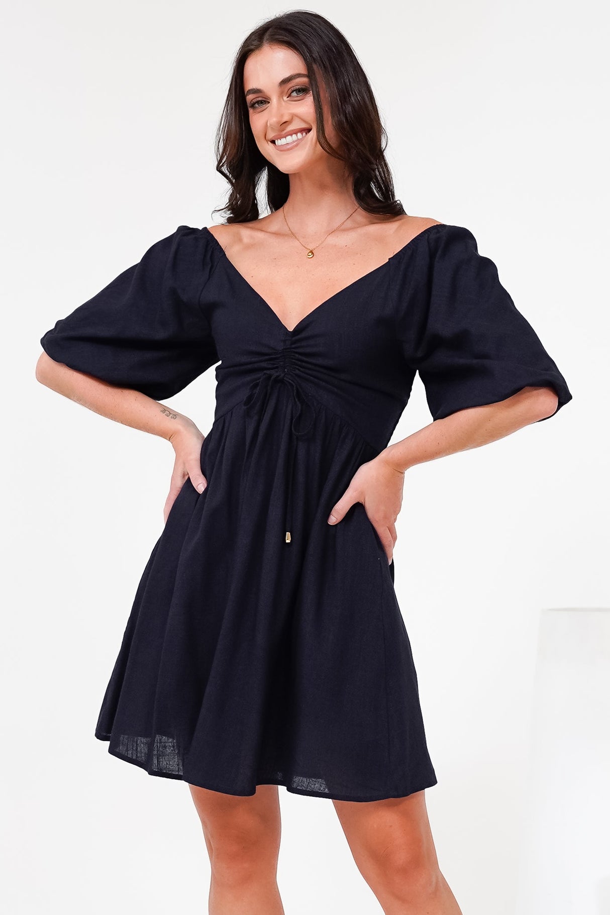 Justina Mini Dress - V-Neck Gathered Bodise On or Off Shoulder Mini Dress in Navy