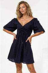 Justina Mini Dress - V-Neck Gathered Bodise On or Off Shoulder Mini Dress in Navy