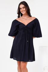 Justina Mini Dress - V-Neck Gathered Bodise On or Off Shoulder Mini Dress in Navy