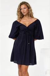 Justina Mini Dress - V-Neck Gathered Bodise On or Off Shoulder Mini Dress in Navy