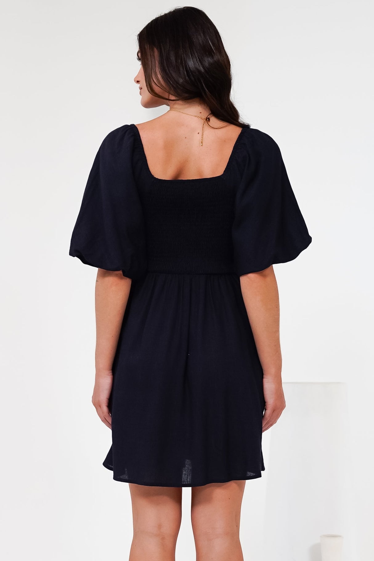 Justina Mini Dress - V-Neck Gathered Bodise On or Off Shoulder Mini Dress in Navy