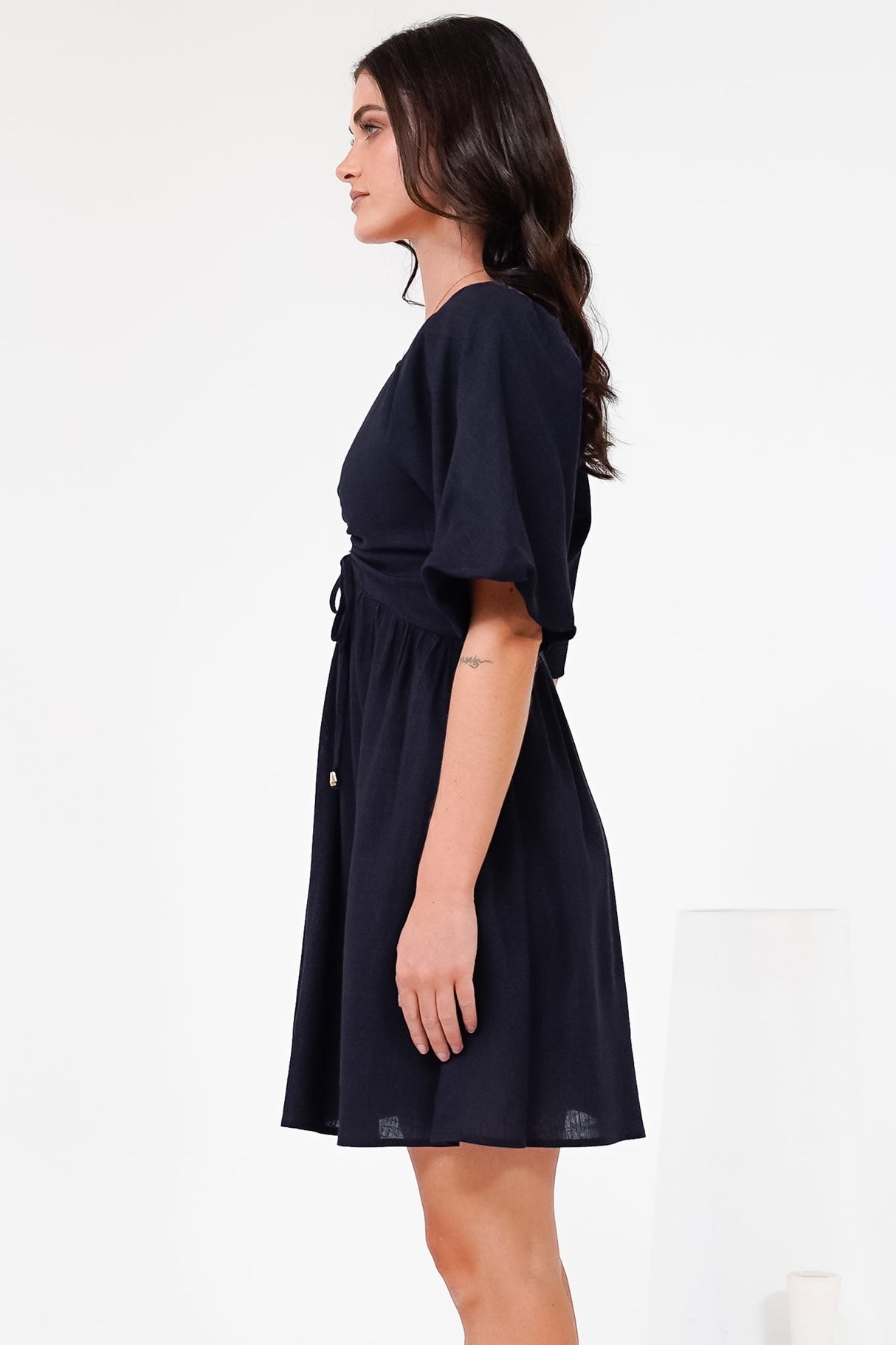 Justina Mini Dress - V-Neck Gathered Bodise On or Off Shoulder Mini Dress in Navy