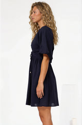 Justina Mini Dress - V-Neck Gathered Bodise On or Off Shoulder Mini Dress in Navy