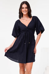 Justina Mini Dress - V-Neck Gathered Bodise On or Off Shoulder Mini Dress in Navy