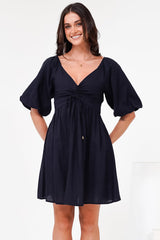 Justina Mini Dress - V-Neck Gathered Bodise On or Off Shoulder Mini Dress in Navy