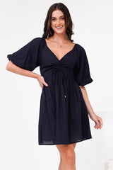 Justina Mini Dress - V-Neck Gathered Bodise On or Off Shoulder Mini Dress in Navy