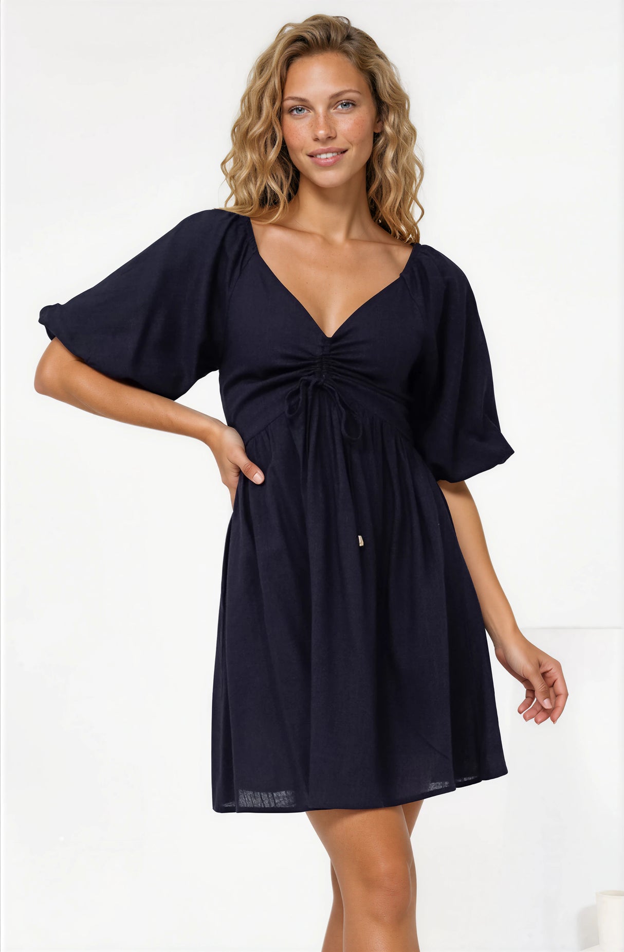 Justina Mini Dress - V-Neck Gathered Bodise On or Off Shoulder Mini Dress in Navy