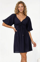 Justina Mini Dress - V-Neck Gathered Bodise On or Off Shoulder Mini Dress in Navy