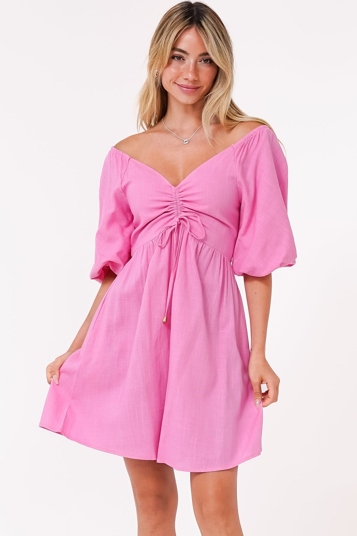 Justina Mini Dress - V-Neck Gathered Bodise On or Off Shoulder Mini Dress in Pink