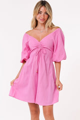 Justina Mini Dress - V-Neck Gathered Bodise On or Off Shoulder Mini Dress in Pink