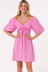 Justina Mini Dress - V-Neck Gathered Bodise On or Off Shoulder Mini Dress in Pink