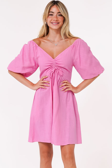 Justina Mini Dress - V-Neck Gathered Bodise On or Off Shoulder Mini Dress in Pink