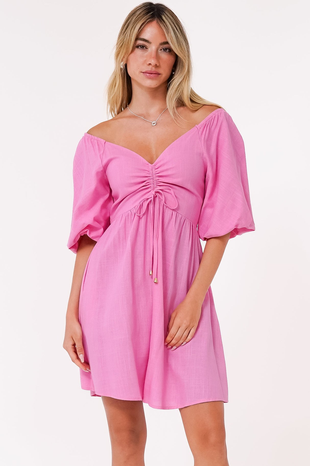 Justina Mini Dress - V-Neck Gathered Bodise On or Off Shoulder Mini Dress in Pink