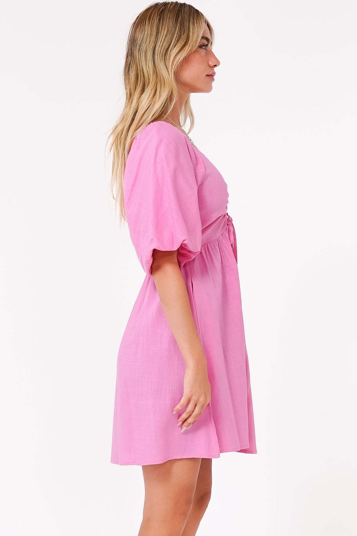 Justina Mini Dress - V-Neck Gathered Bodise On or Off Shoulder Mini Dress in Pink
