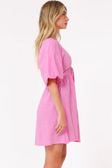 Justina Mini Dress - V-Neck Gathered Bodise On or Off Shoulder Mini Dress in Pink