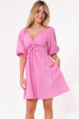 Justina Mini Dress - V-Neck Gathered Bodise On or Off Shoulder Mini Dress in Pink
