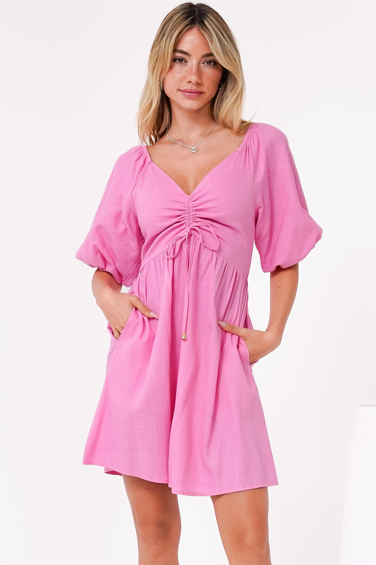 Justina Mini Dress - V-Neck Gathered Bodise On or Off Shoulder Mini Dress in Pink
