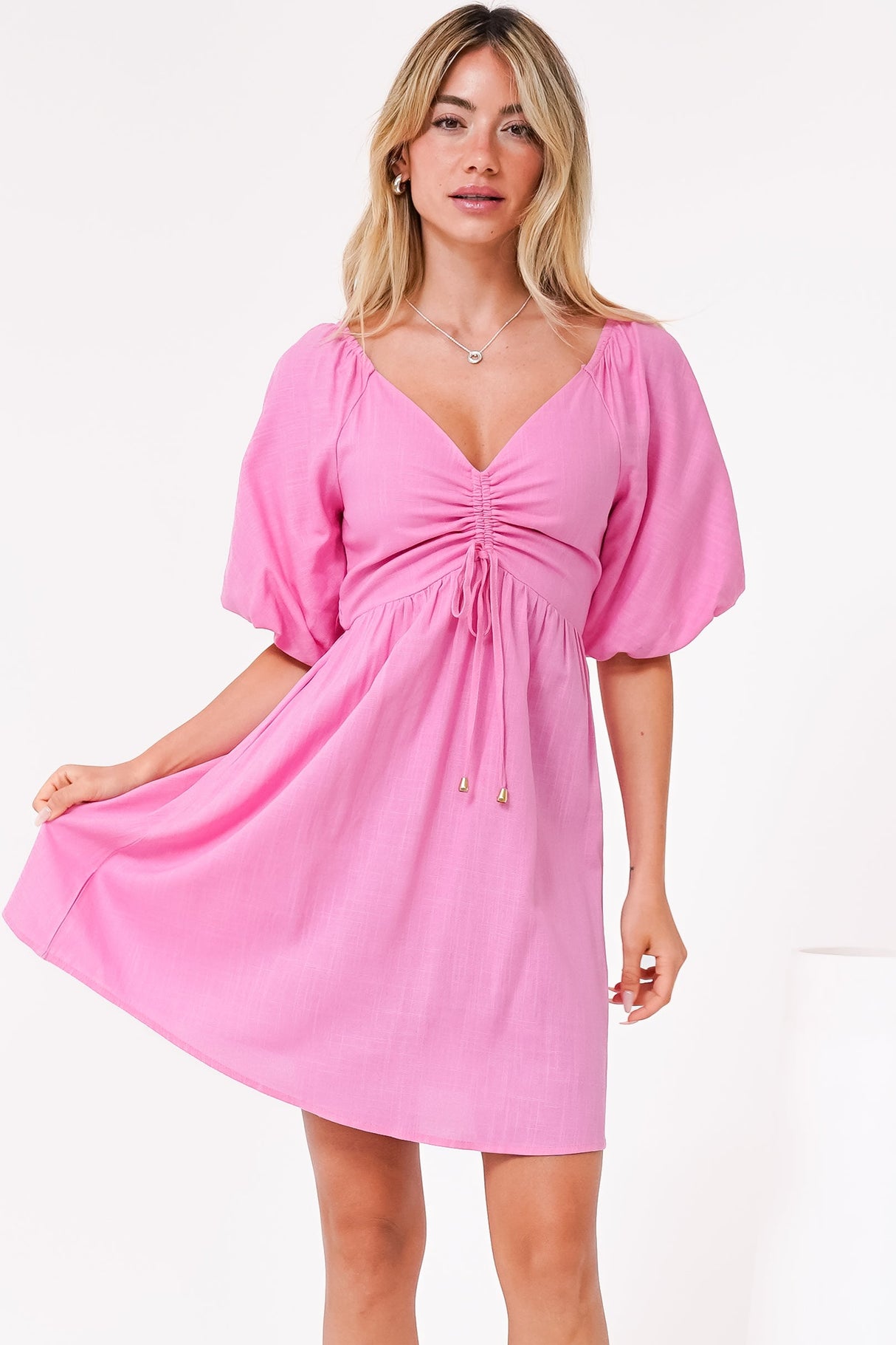 Justina Mini Dress - V-Neck Gathered Bodise On or Off Shoulder Mini Dress in Pink