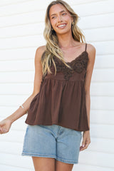 Justinie Cami - Lace Trim Babydoll Cami with Adjustable Spaghetti Straps in Chocolate