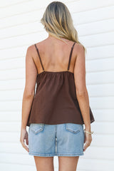 Justinie Cami - Lace Trim Babydoll Cami with Adjustable Spaghetti Straps in Chocolate