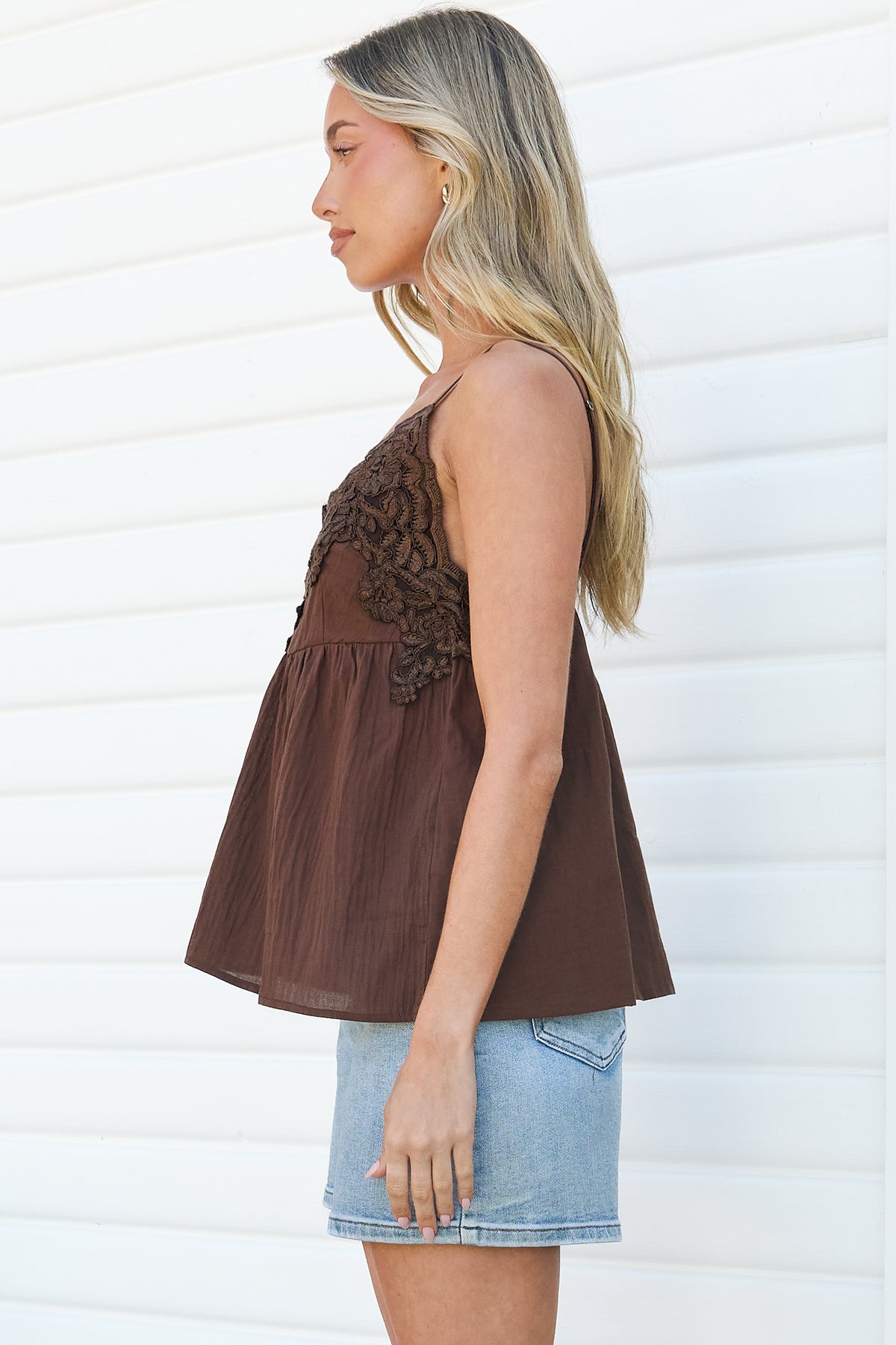 Justinie Cami - Lace Trim Babydoll Cami with Adjustable Spaghetti Straps in Chocolate