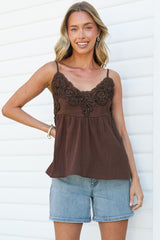 Justinie Cami - Lace Trim Babydoll Cami with Adjustable Spaghetti Straps in Chocolate