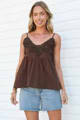 Justinie Cami - Lace Trim Babydoll Cami with Adjustable Spaghetti Straps in Chocolate