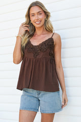 Justinie Cami - Lace Trim Babydoll Cami with Adjustable Spaghetti Straps in Chocolate