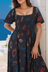 Shira Midi Dress - On Or Off Shoulder Elasticated Bodice Dress With Short Balloon Sleeves In Kalista Print Navy