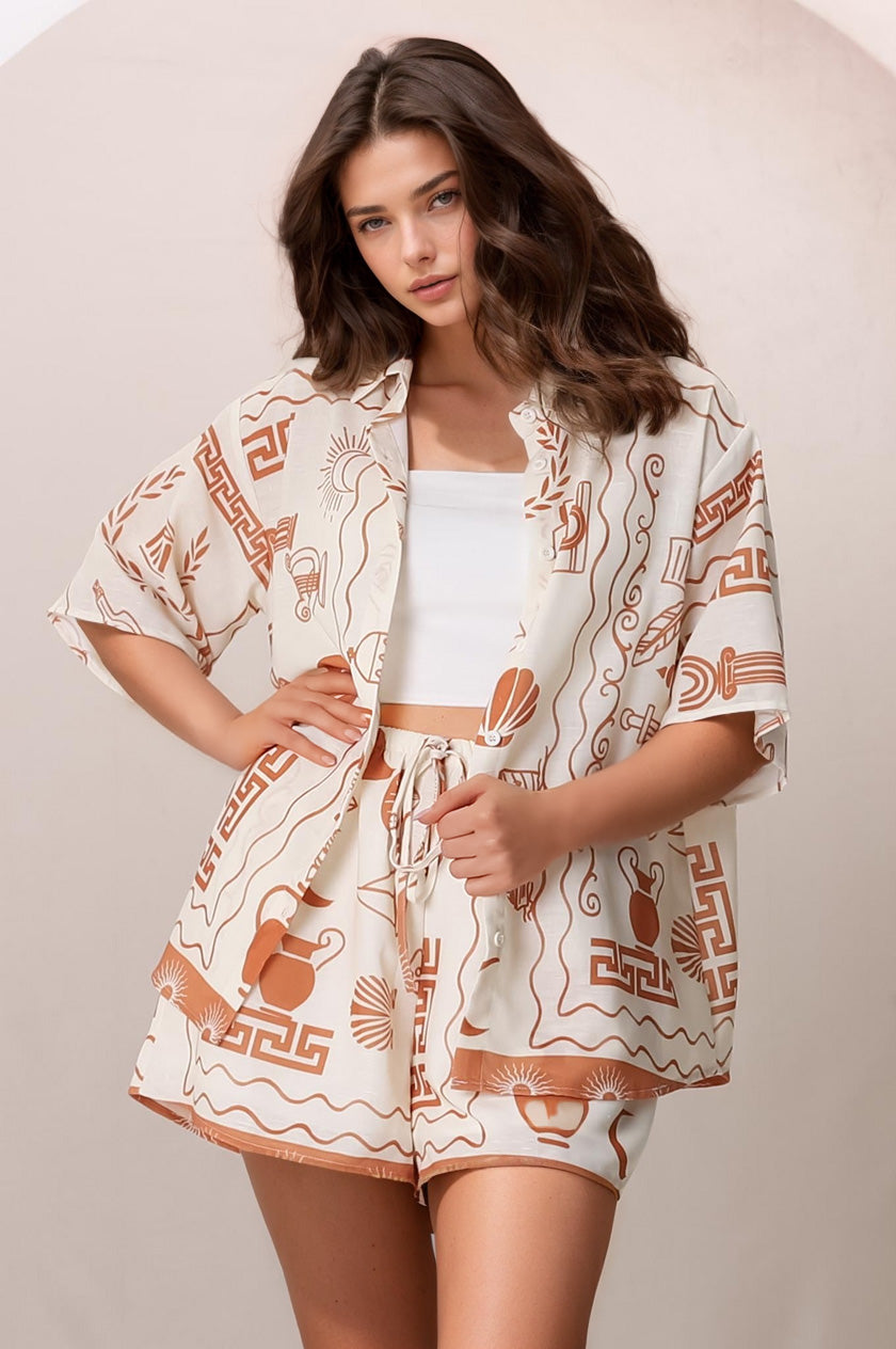 Mirian Button Up Shirt And Shorts Set - Piper Print in Tan