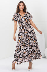 Hanna Maxi Dress - Cap Sleeve Tiered A Line Dress with Toggle Detailed Waist Tie in Torah Print