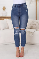 Kabili High Waist Ripped Mum Jeans in Dark Denim