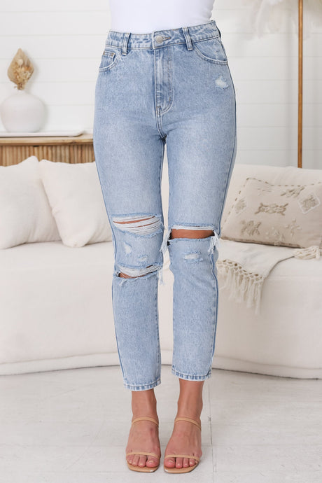 Kabili High Waist Ripped Mum Jeans in Light Denim