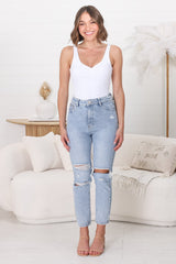 Kabili High Waist Ripped Mum Jeans in Light Denim